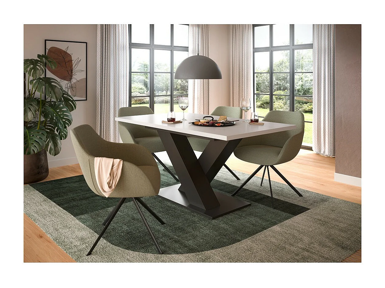 Table extensible CAPTURE – Pied design en X – Structure gris foncé et plateau blanc – 150 à 190 cm