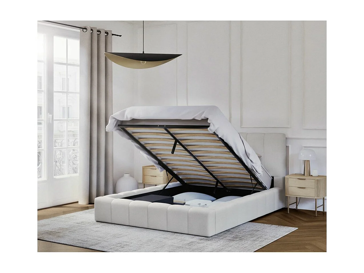 Cadre de lit BULLE rembourré avec coffre en tissu blanc cassé - couchage 140x190cm