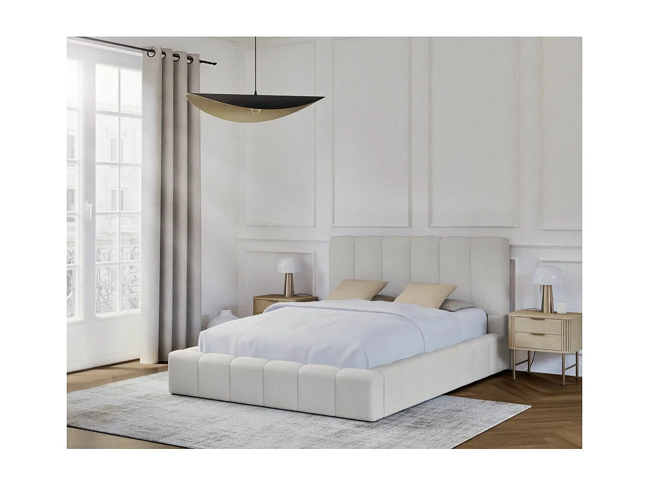 Cadre de lit BULLE rembourré avec coffre en tissu blanc cassé - couchage 140x190cm