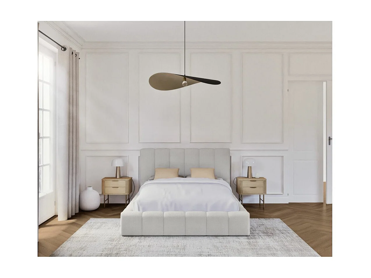 Cadre de lit BULLE rembourré avec coffre en tissu blanc cassé - couchage 140x190cm