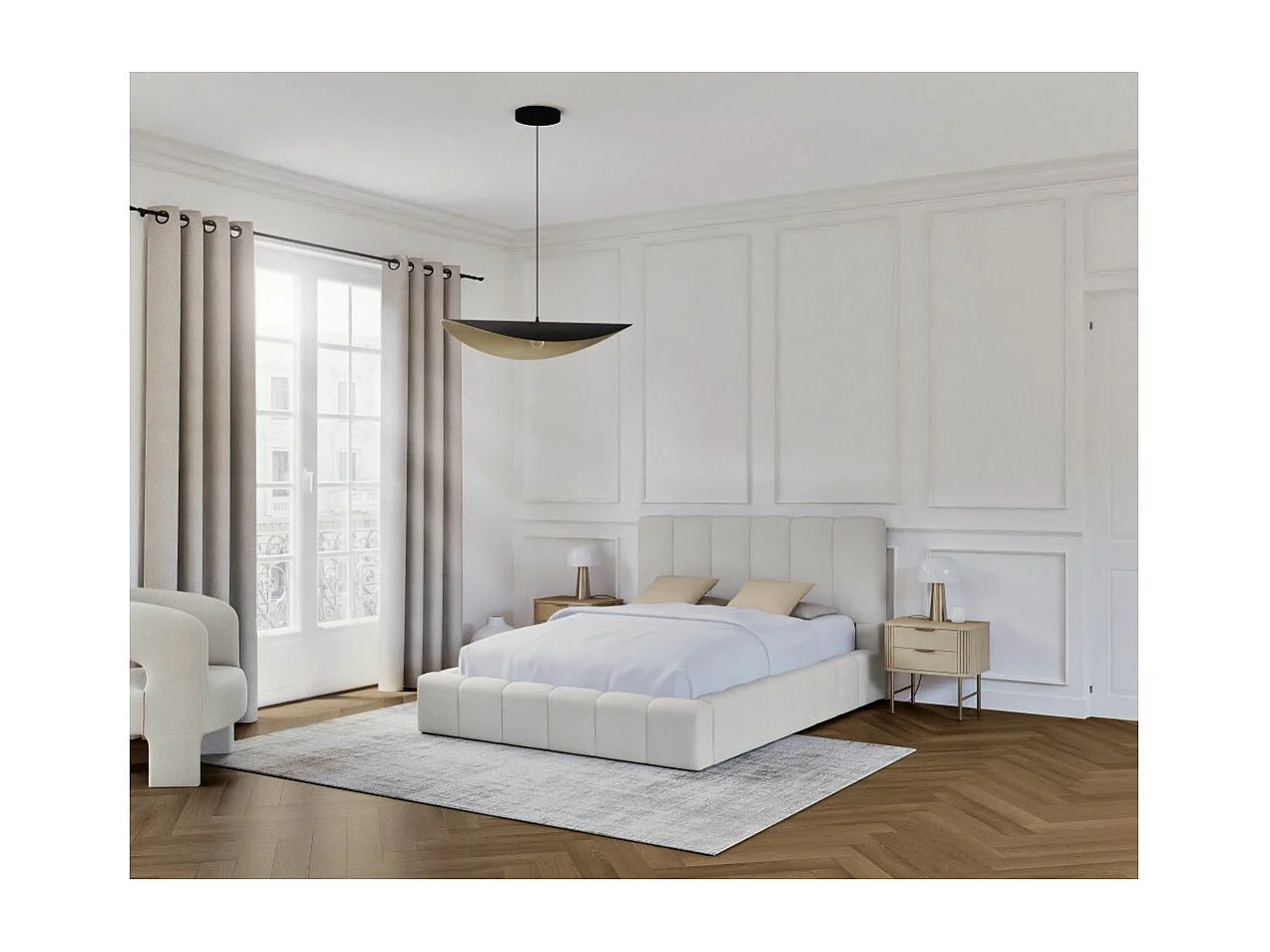 Cadre de lit BULLE rembourré avec coffre en tissu blanc cassé - couchage 140x190cm