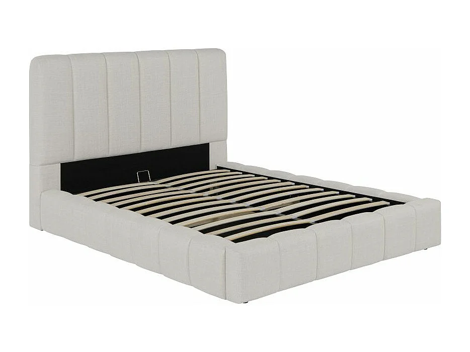 Cadre de lit BULLE rembourré avec coffre en tissu blanc cassé - couchage 140x190cm