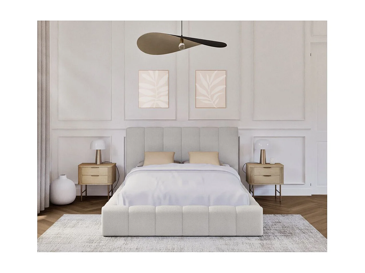 Cadre de lit BULLE rembourré avec coffre en tissu blanc cassé - couchage 140x190cm