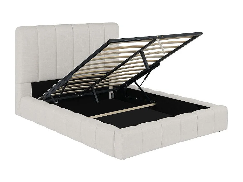 Cadre de lit BULLE rembourré avec coffre en tissu blanc cassé - couchage 140x190cm