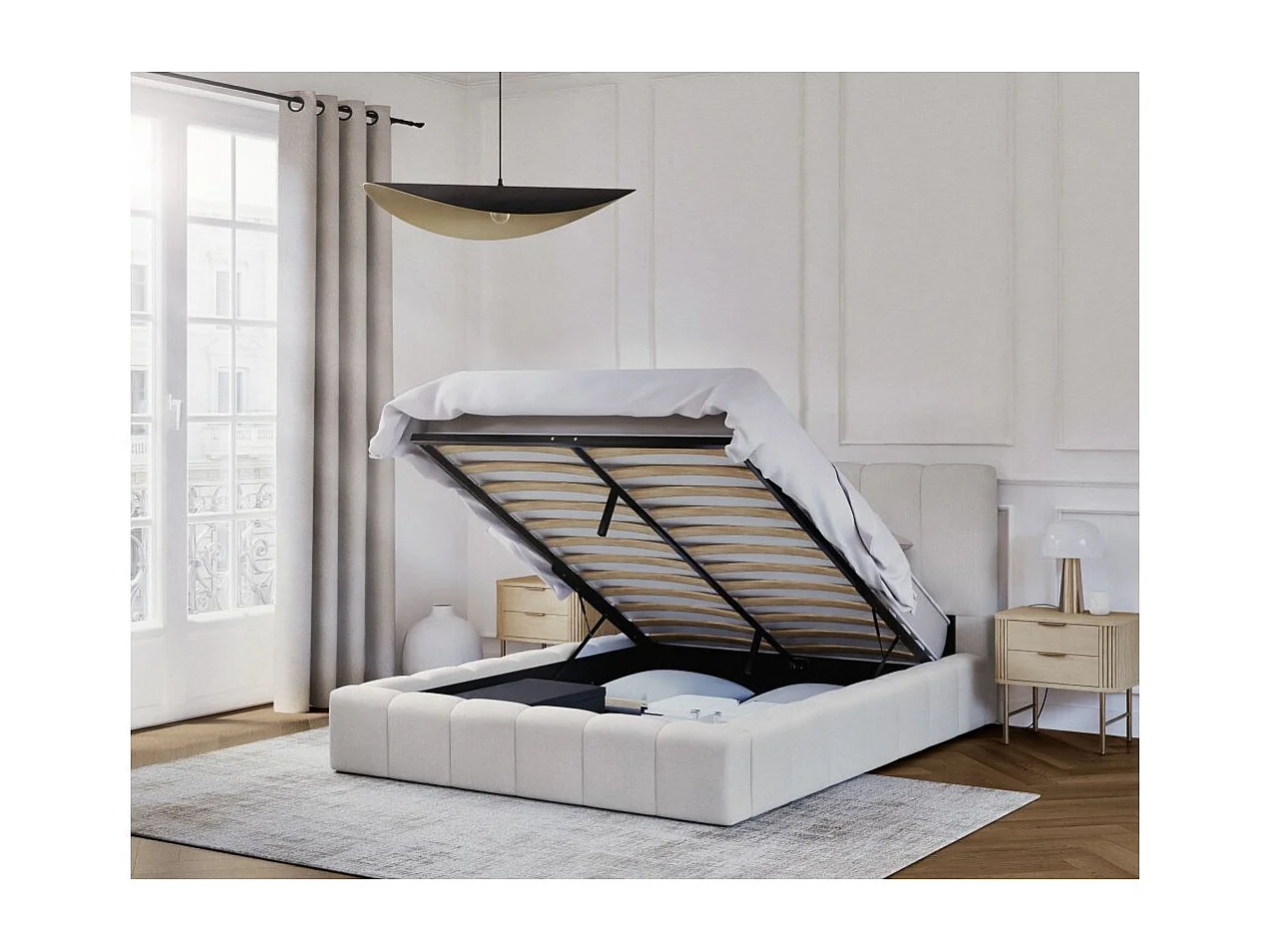 Cadre de lit BULLE rembourré avec coffre en tissu blanc cassé - couchage 140x190cm