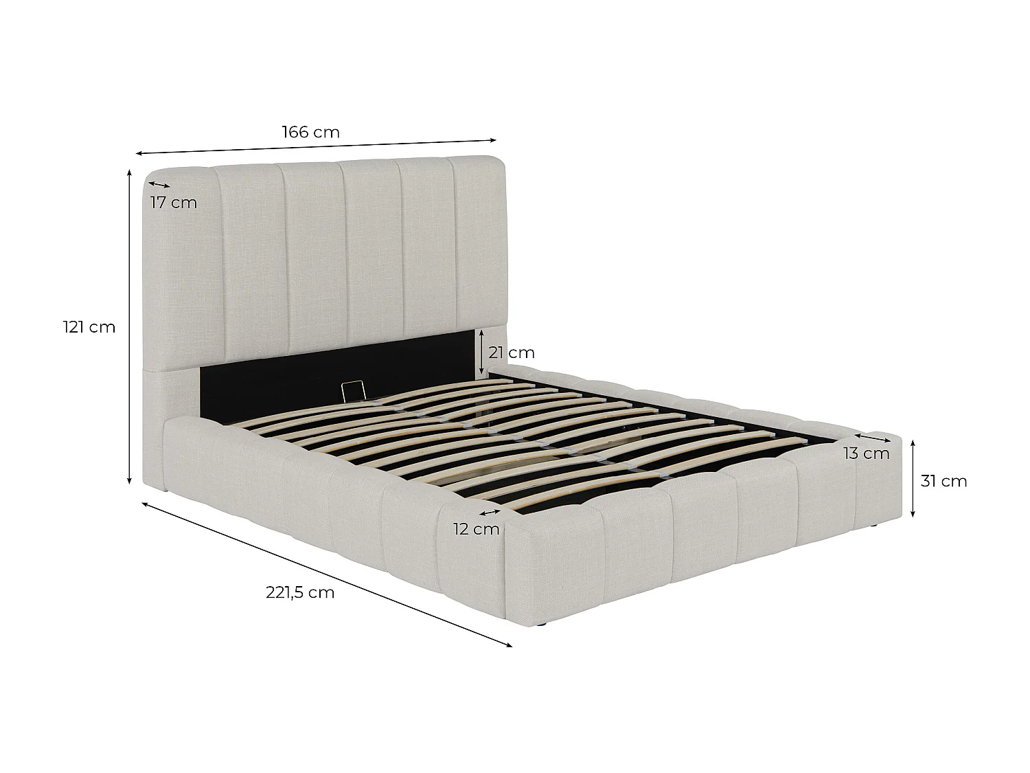 Cadre de lit BULLE rembourré avec coffre en tissu blanc cassé - couchage 140x190cm