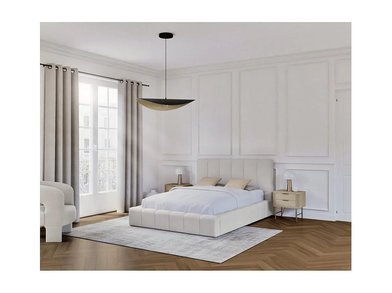 Cadre de lit BULLE rembourré avec coffre en tissu blanc cassé - couchage 140x190cm