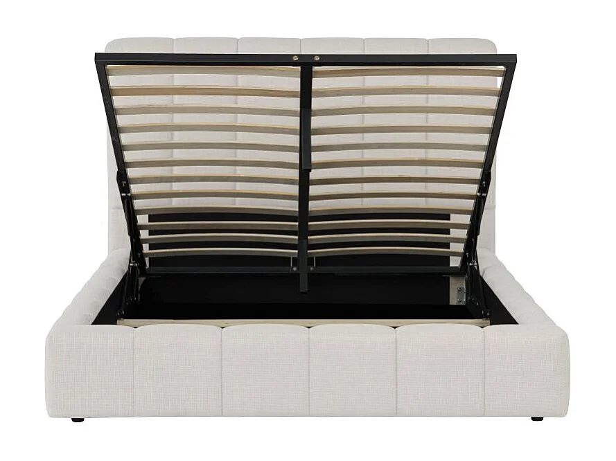 Cadre de lit BULLE rembourré avec coffre en tissu blanc cassé - couchage 140x190cm