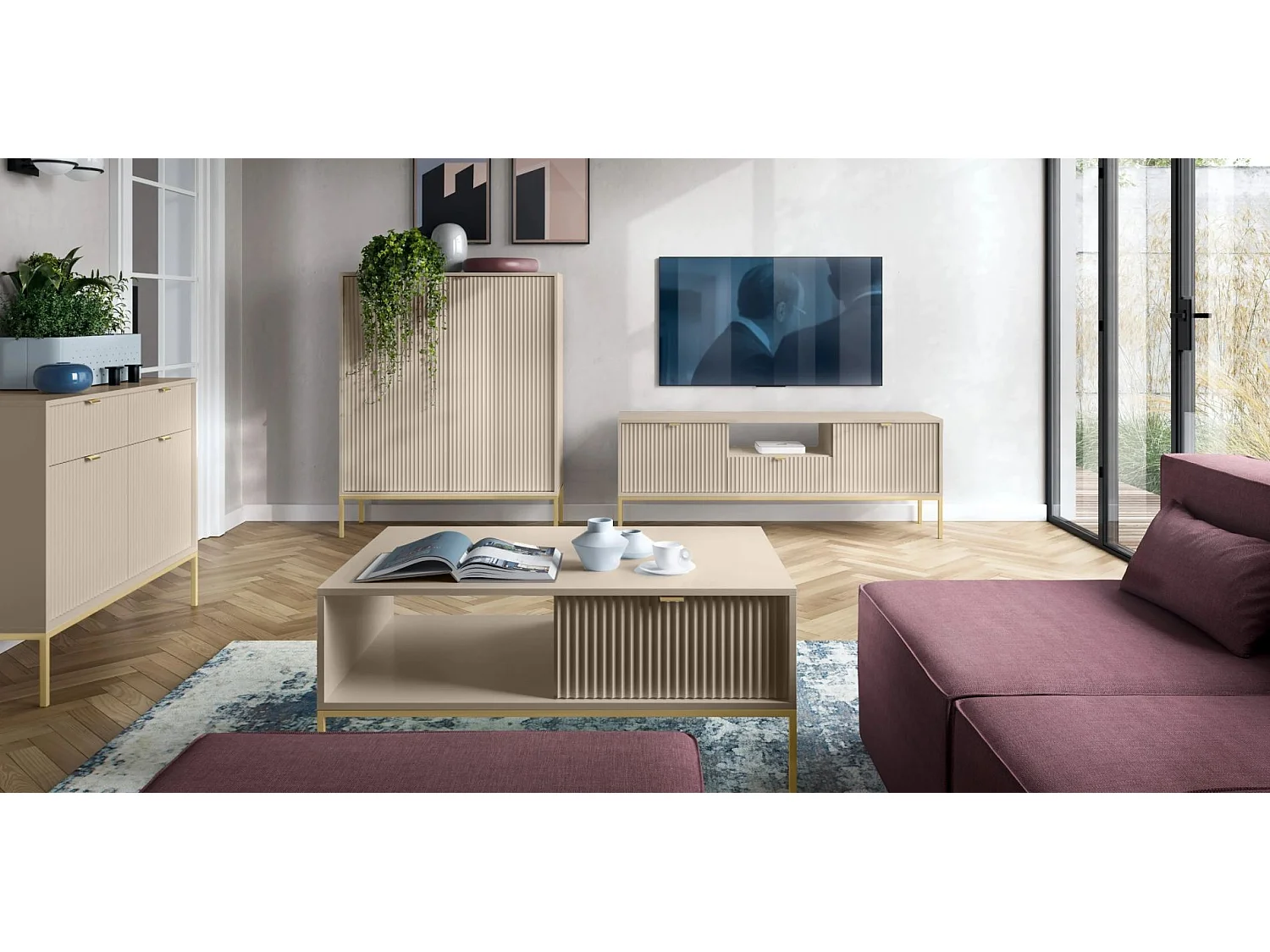 Buffet 2 portes - 104 cm - beige avec pieds dorés - VELLORE