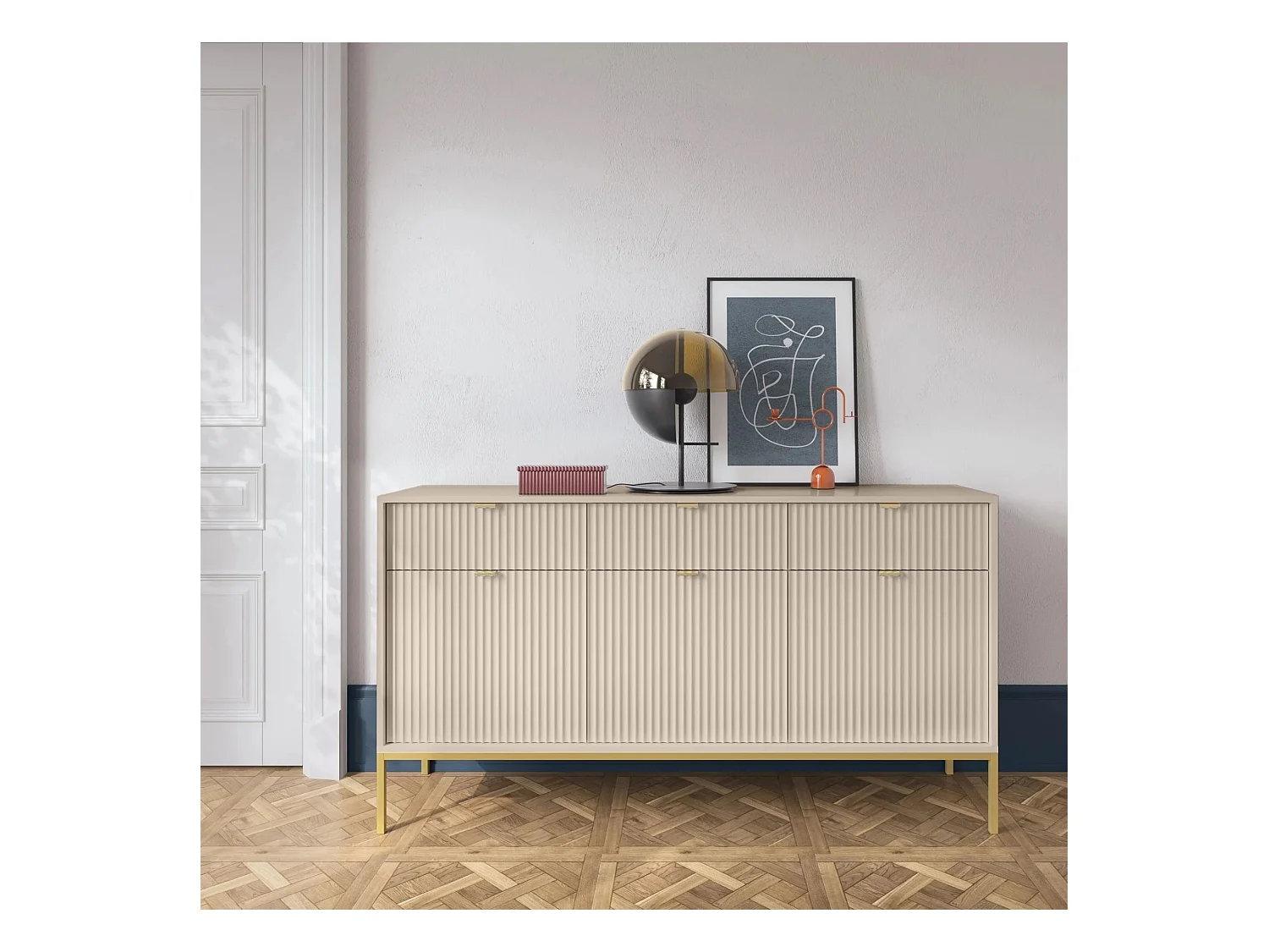Buffet 3 portes - 154 cm - beige avec pieds dorés - VELLORE