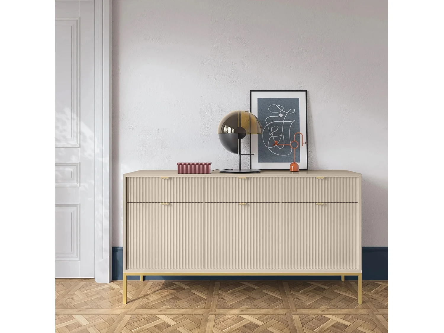 Buffet 3 portes - 154 cm - beige avec pieds dorés - VELLORE