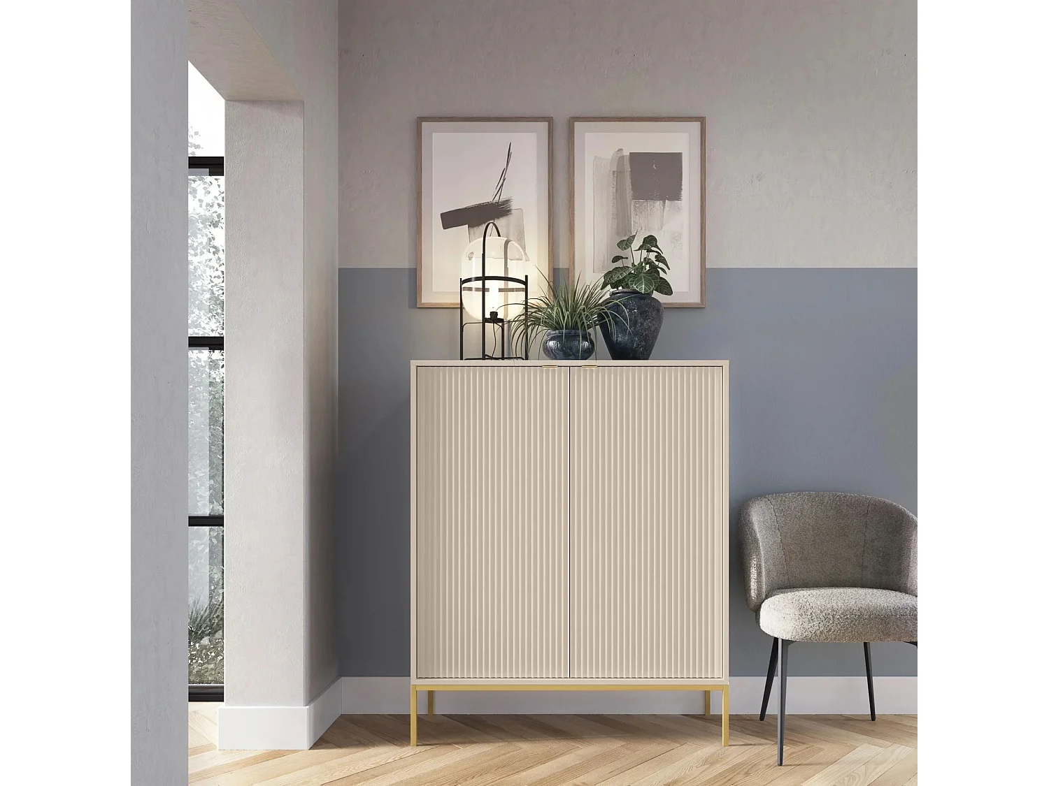 Buffet haut - 104 cm - beige avec pieds dorés - VELLORE