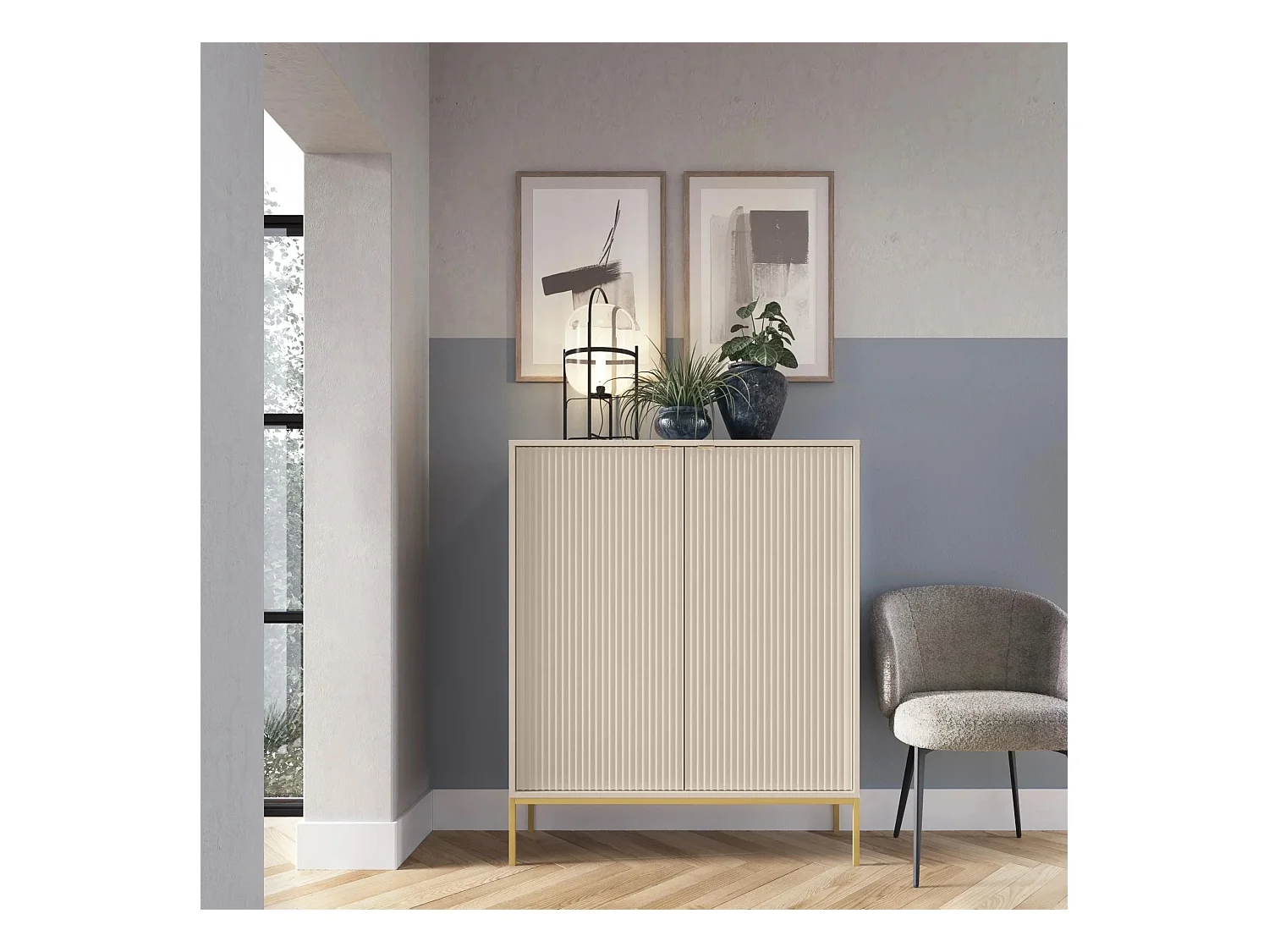 Buffet haut - 104 cm - beige avec pieds dorés - VELLORE