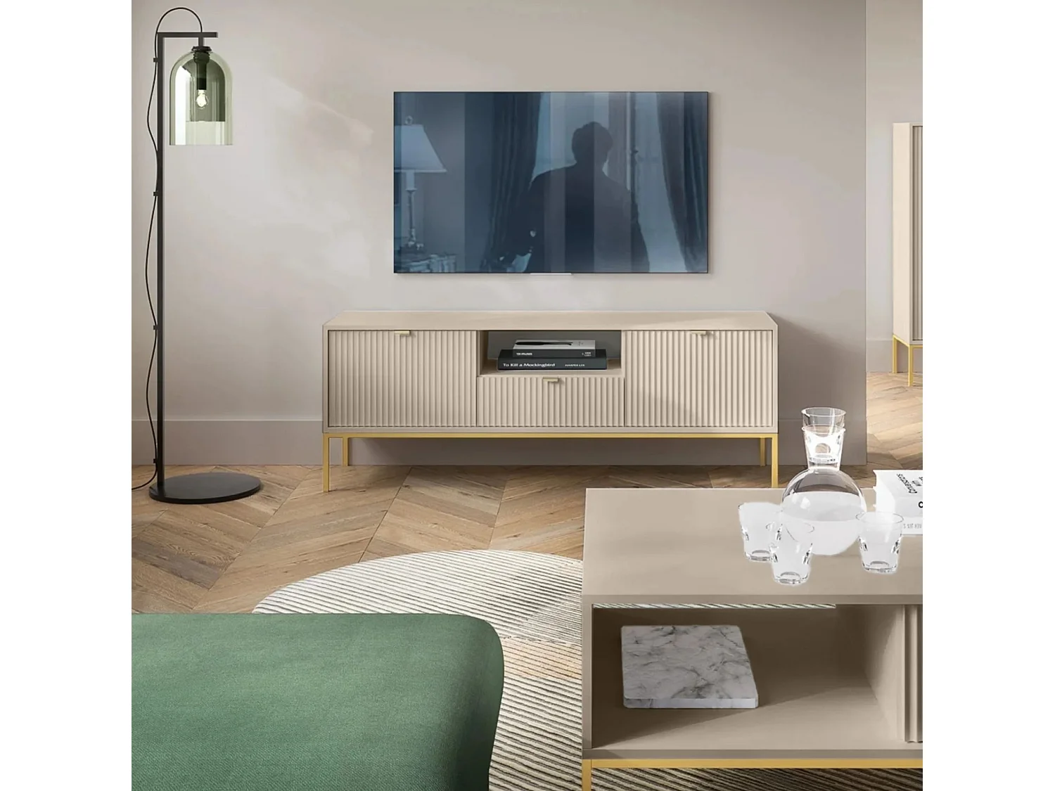 Meuble TV 1 tiroir - 154 cm - beige avec pieds dorés - VELLORE