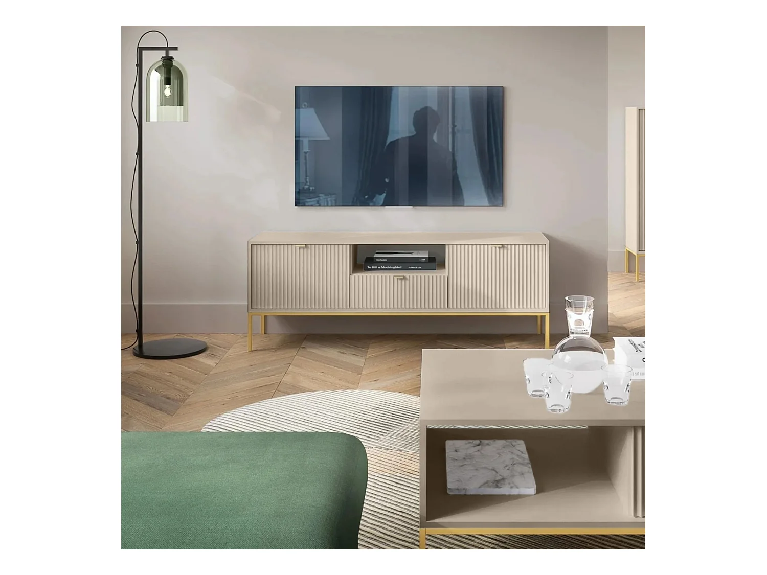 Meuble TV 1 tiroir - 154 cm - beige avec pieds dorés - VELLORE