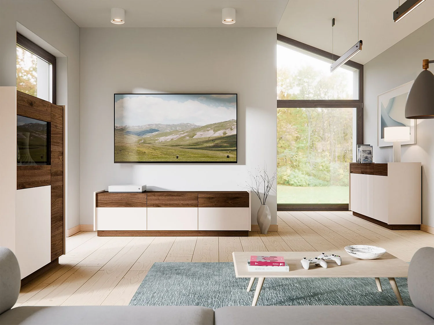 Meuble TV 6 tiroirs - 173 cm - beige / noyer okapi - KOBBE