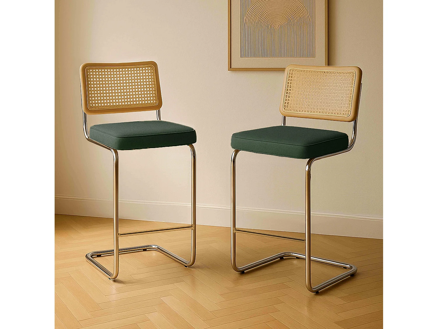 Lot de 2 chaises hautes en acier et velours vert foncé