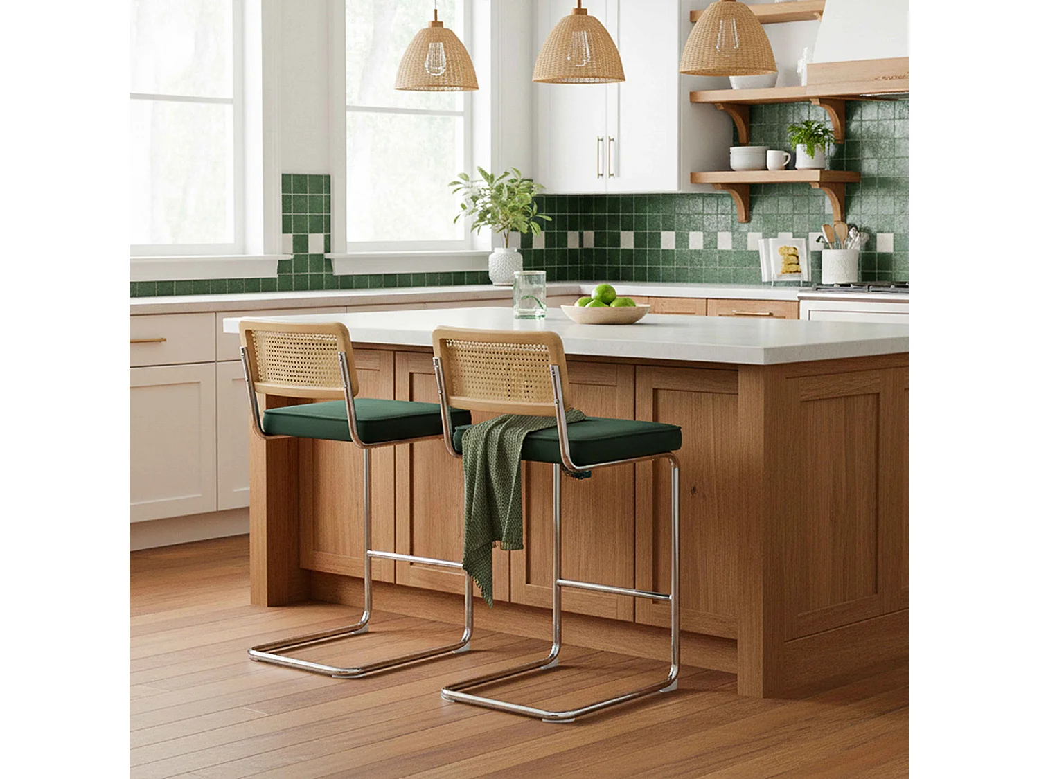 Lot de 2 chaises hautes en acier et velours vert foncé