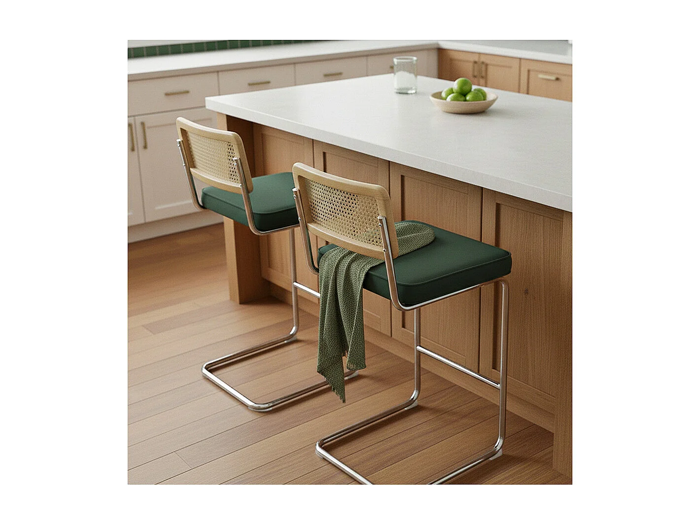 Lot de 2 chaises hautes en acier et velours vert foncé