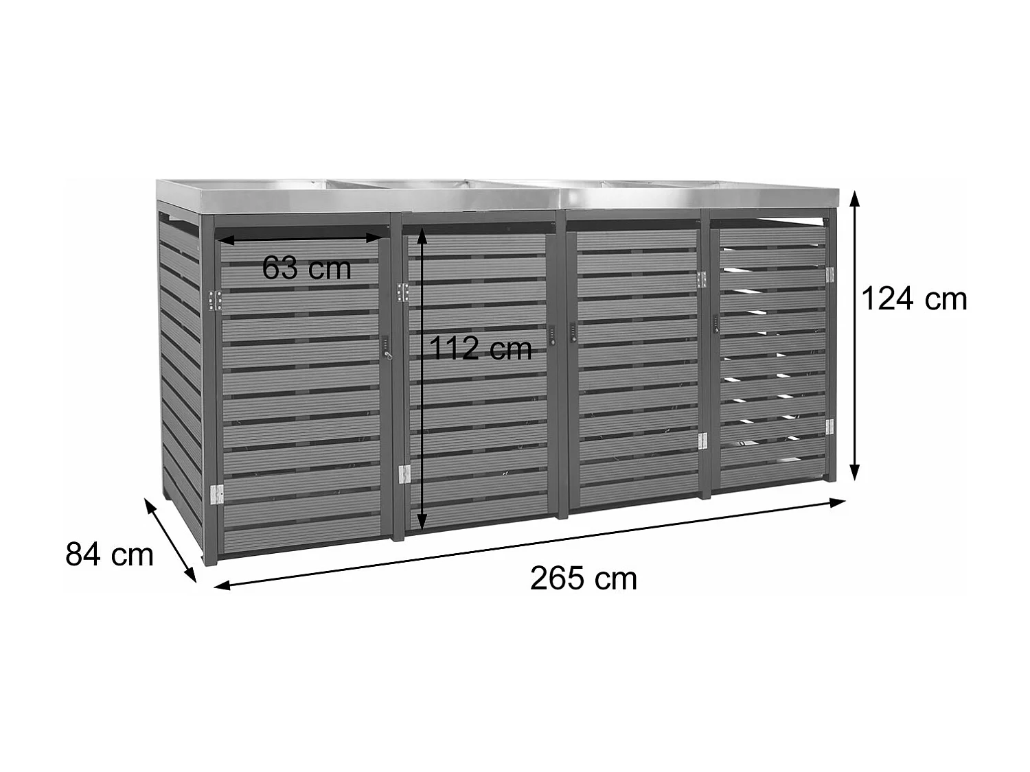 4x copribidoni box spazzatura rifiuti con fioriera MCW-K14 84x265x124cm metallo WPC teak