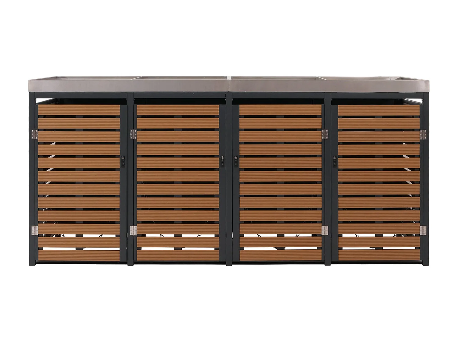 4x copribidoni box spazzatura rifiuti con fioriera MCW-K14 84x265x124cm metallo WPC teak