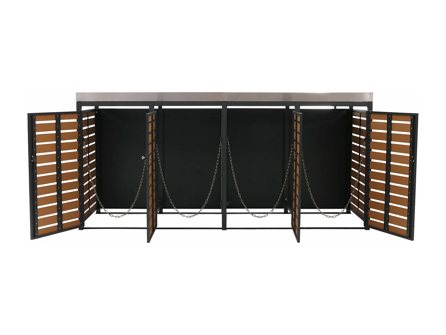 4x copribidoni box spazzatura rifiuti con fioriera MCW-K14 84x265x124cm metallo WPC teak