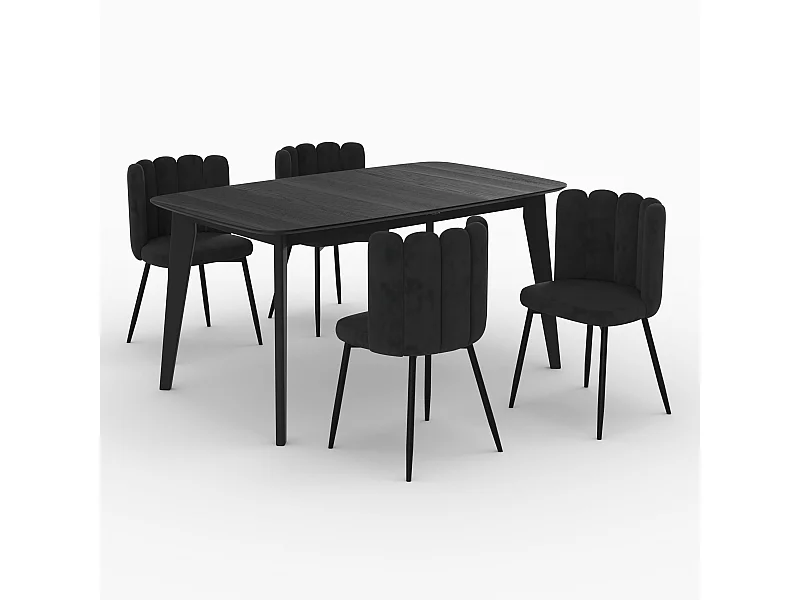 Table et chaises 4 personnes en velours et bois noir - Oman