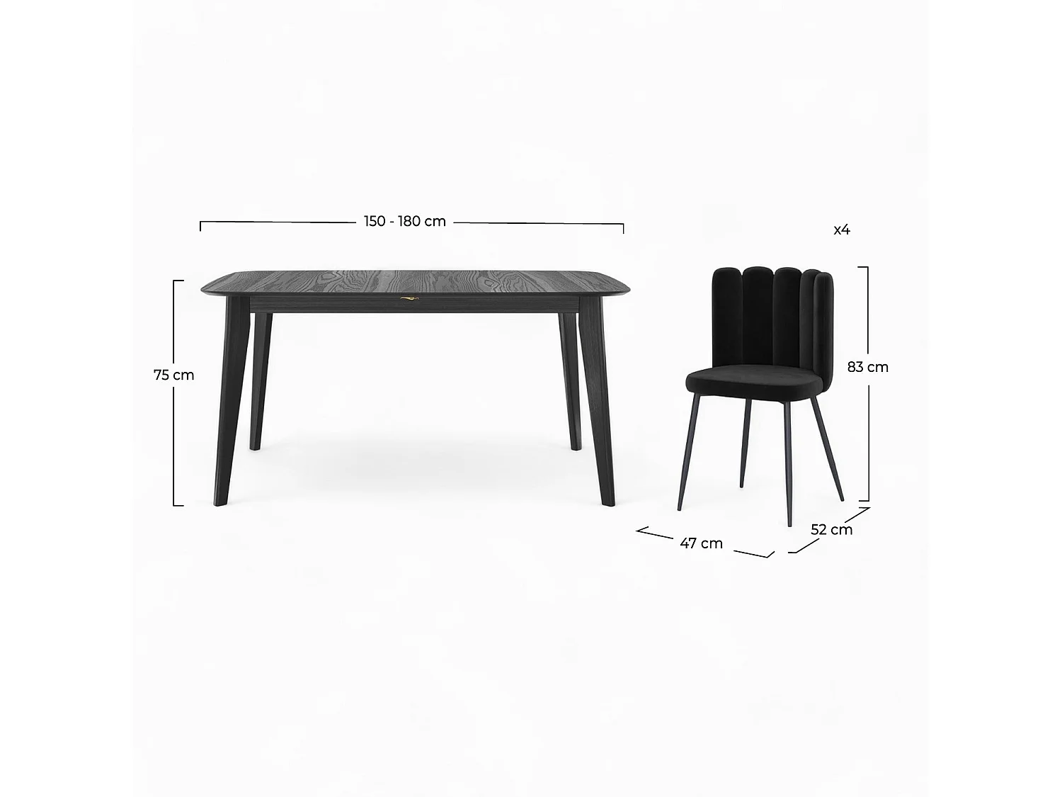 Mesa y sillas para 4 personas de terciopelo y madera negra - Oman