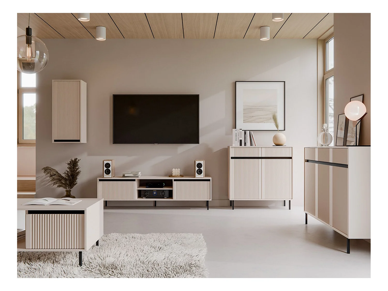 Meuble TV 2 tiroirs - OSAKA - 179 cm - beige
