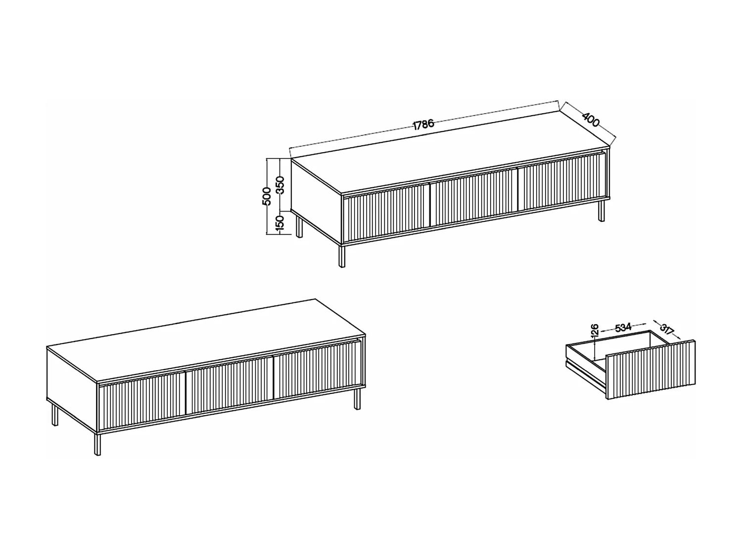 Meuble TV 3 tiroirs avec pieds noir - 179 cm - beige - OSAKA