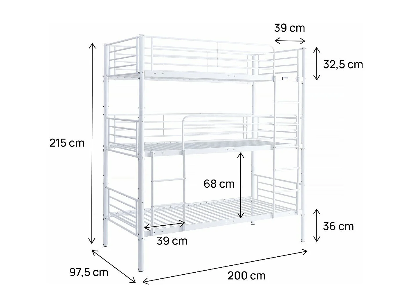 Letto a castello triplo "Havin" 90x190cm bianco per massimizzare lo spazio e offrire il massimo comfort