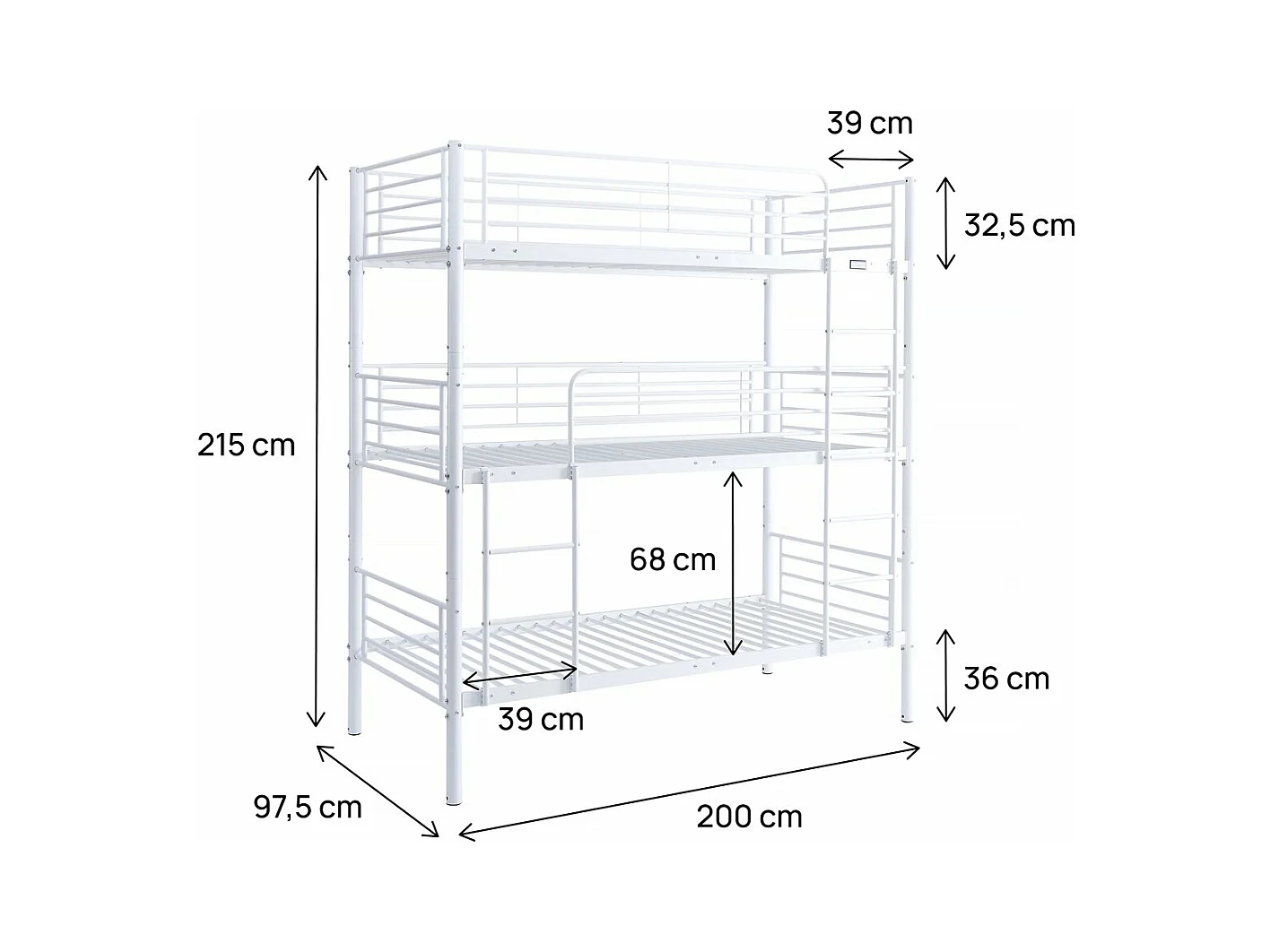 Lit triple superposé metal "Havin" - 90 x 190 cm - Blanc