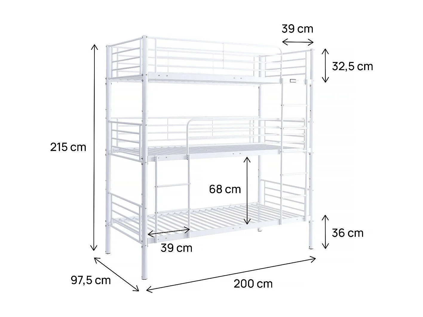 Lit triple superposé metal "Havin" - 90 x 190 cm - Blanc