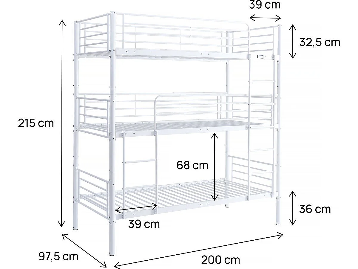Lit triple superposé metal "Havin" - 90 x 190 cm - Blanc