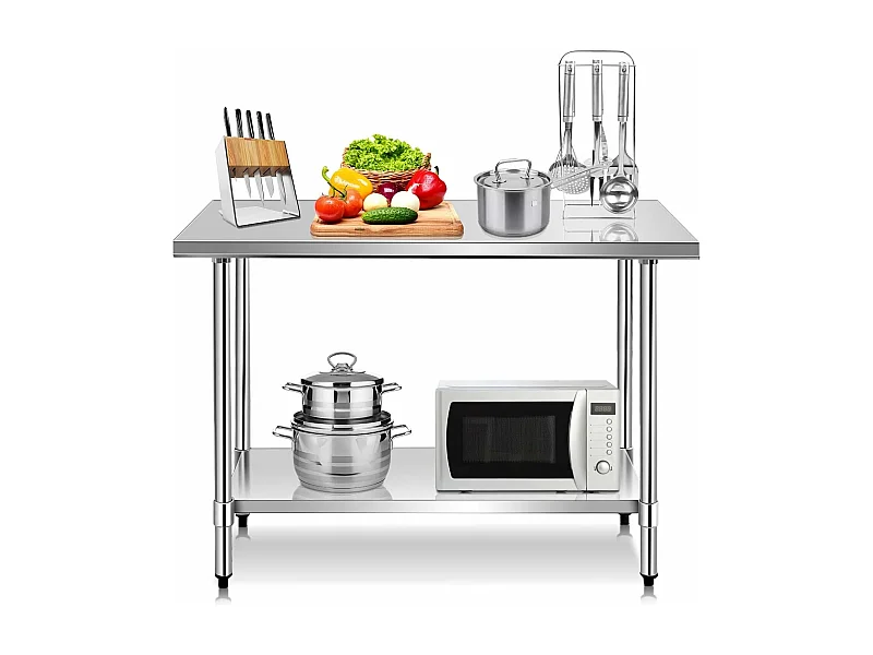 Table de Travail Cuisine en Acier Inoxydable, Plan de Travail Cuisine à 2 Niveaux, Étagère Inférieur Réglable, 61 x 90 x 122 cm, Argent