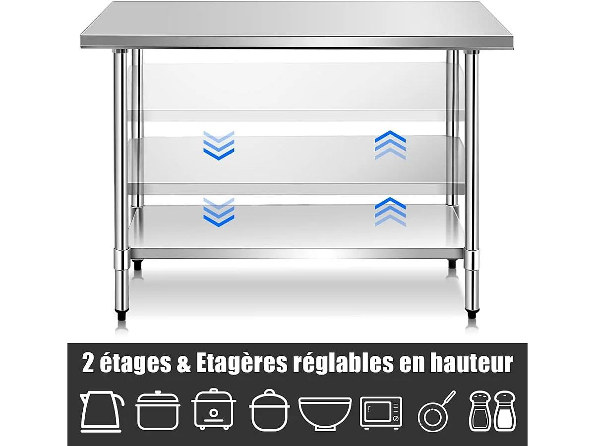 Table de Travail Cuisine en Acier Inoxydable, Plan de Travail Cuisine à 2 Niveaux, Étagère Inférieur Réglable, 61 x 90 x 122 cm, Argent