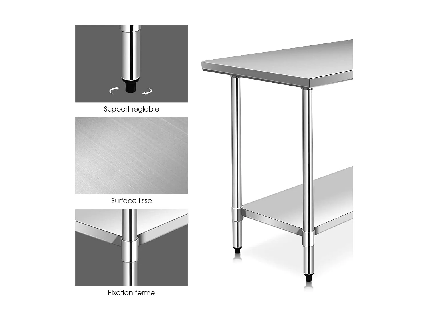 Table de Travail Cuisine en Acier Inoxydable, Plan de Travail Cuisine à 2 Niveaux, Étagère Inférieur Réglable, 61 x 90 x 122 cm, Argent