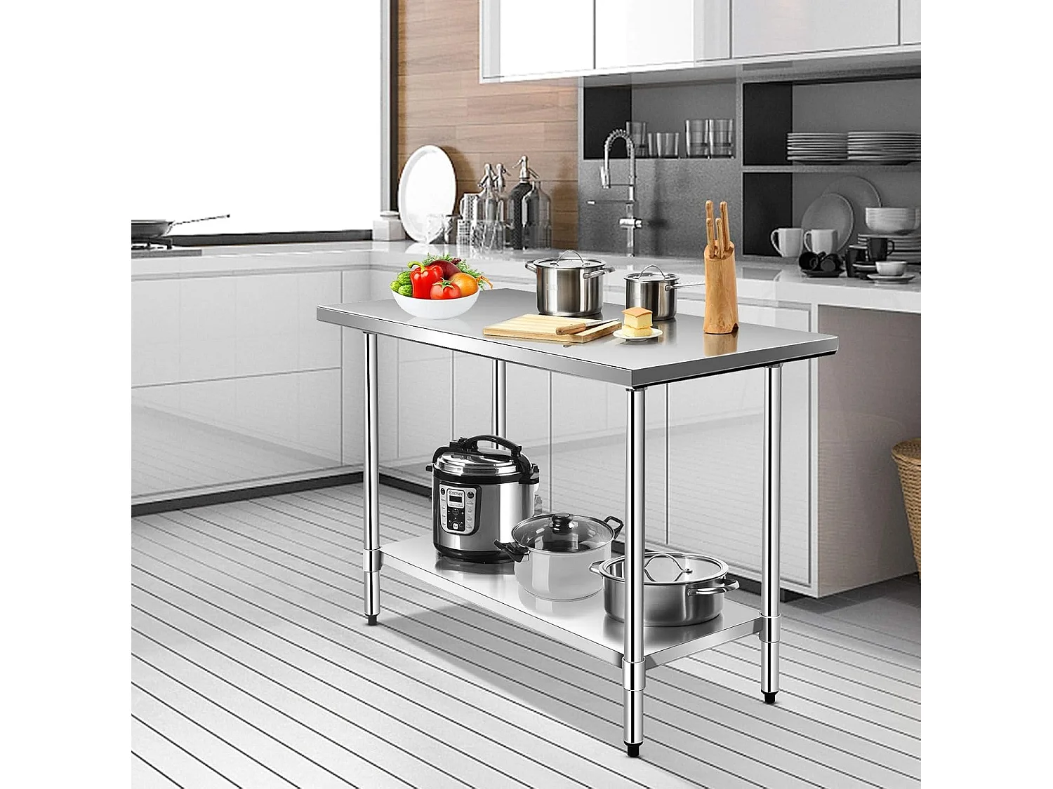 Table de Travail Cuisine en Acier Inoxydable, Plan de Travail Cuisine à 2 Niveaux, Étagère Inférieur Réglable, 61 x 90 x 122 cm, Argent