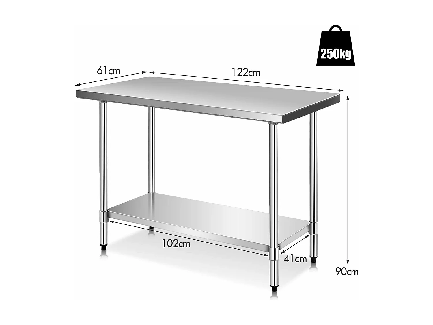 Table de Travail Cuisine en Acier Inoxydable, Plan de Travail Cuisine à 2 Niveaux, Étagère Inférieur Réglable, 61 x 90 x 122 cm, Argent