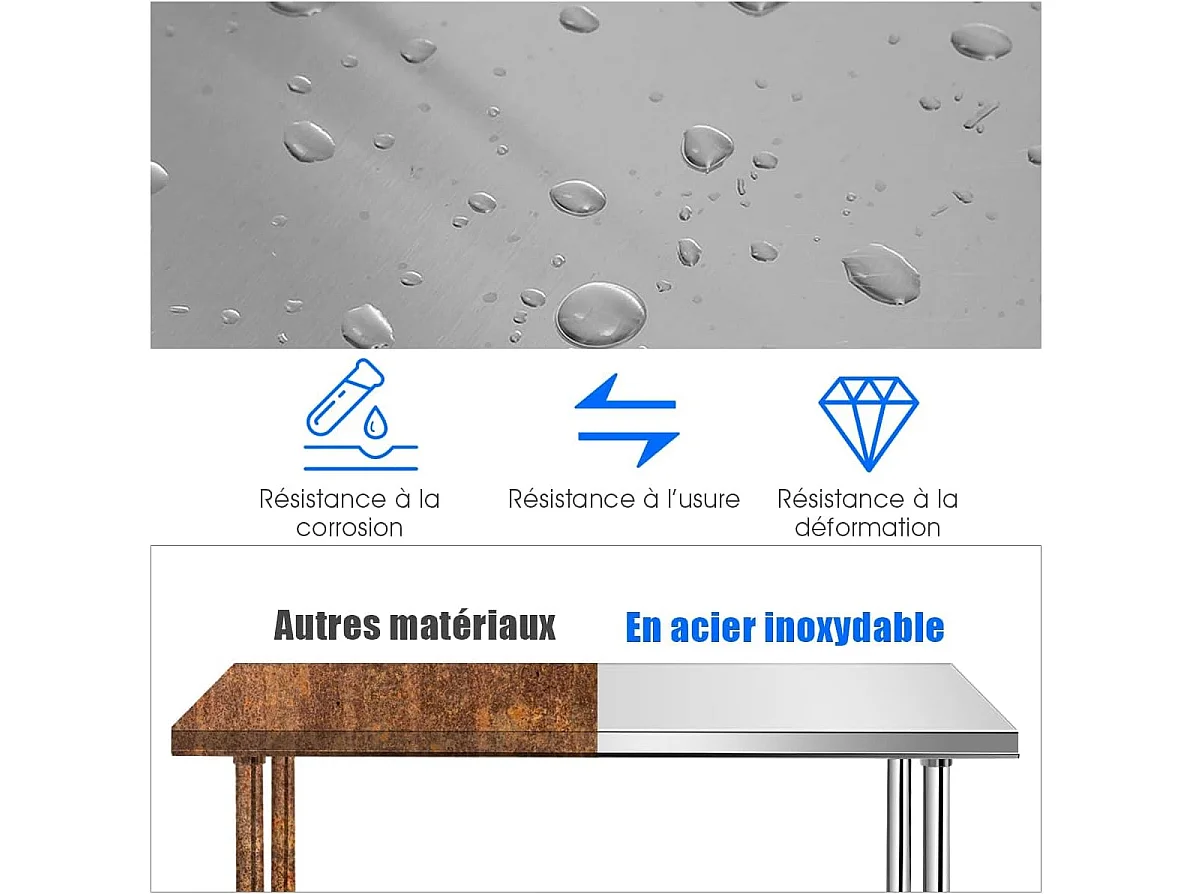 Table de Travail Cuisine en Acier Inoxydable, Plan de Travail Cuisine à 2 Niveaux, Étagère Inférieur Réglable, 61 x 90 x 122 cm, Argent