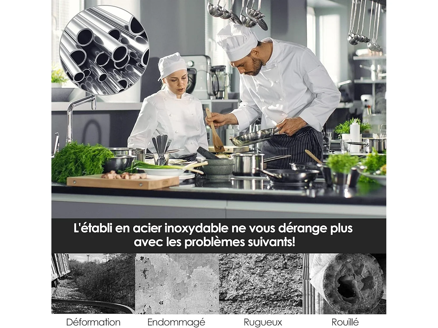 Table de Travail Cuisine en Acier Inoxydable, Plan de Travail Cuisine à 2 Niveaux, Étagère Inférieur Réglable, 61 x 90 x 122 cm, Argent