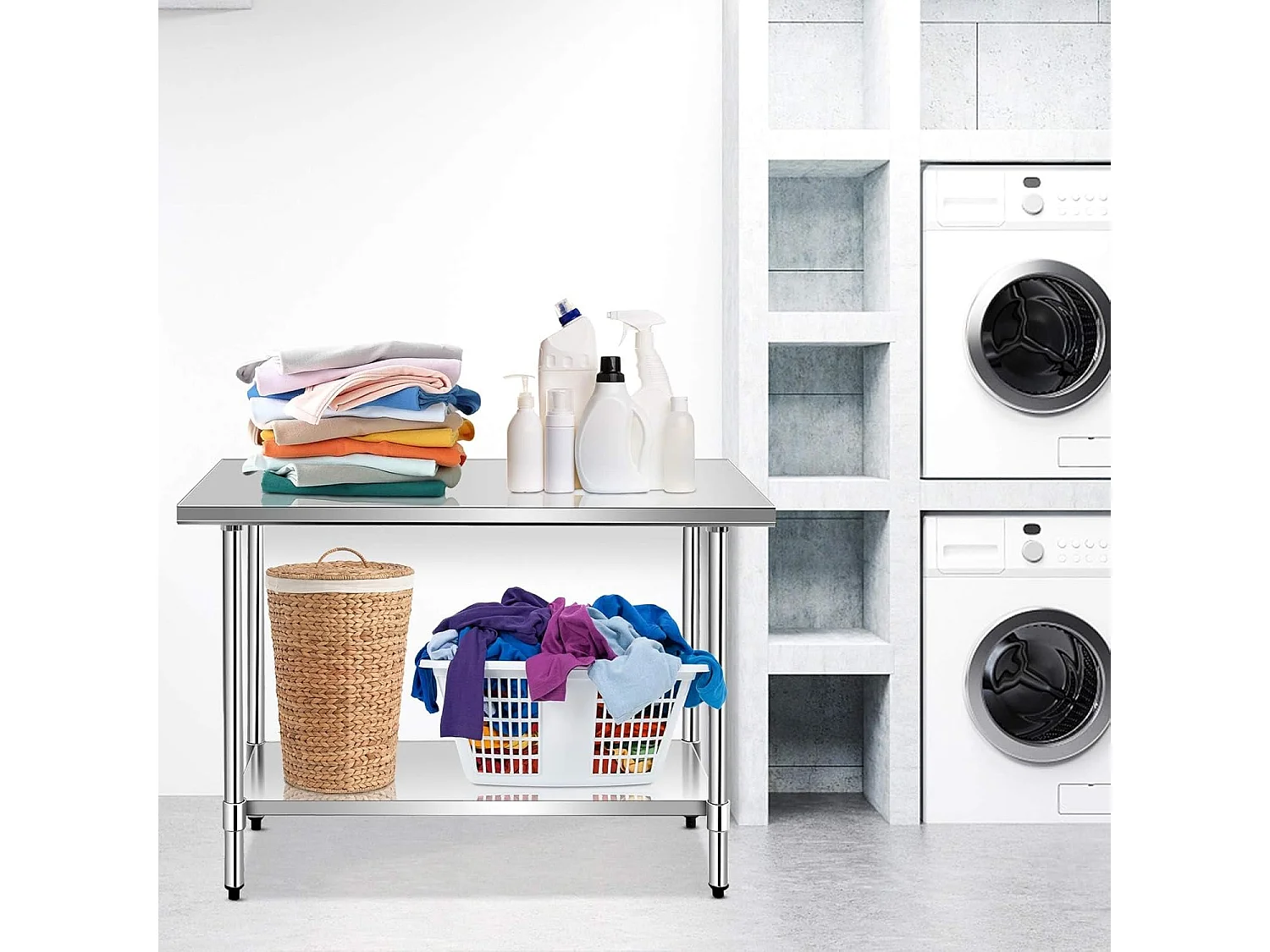 Table de Travail Cuisine en Acier Inoxydable, Plan de Travail Cuisine à 2 Niveaux, Étagère Inférieur Réglable, 61 x 90 x 122 cm, Argent