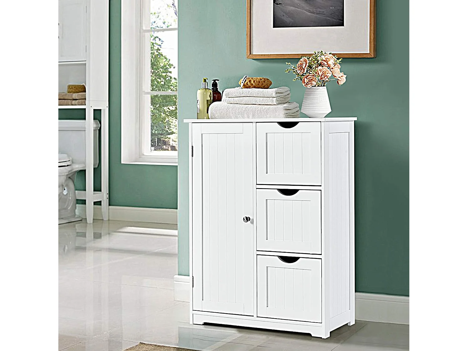 Meuble de Salle de Bain avec 3 Tiroirs, 1 Placard, Rangement Salle de Bain Étagère Réglable pour Salon, Chambre, Entrée, 58x28x81cm(3 Tiroirs - Blanc)