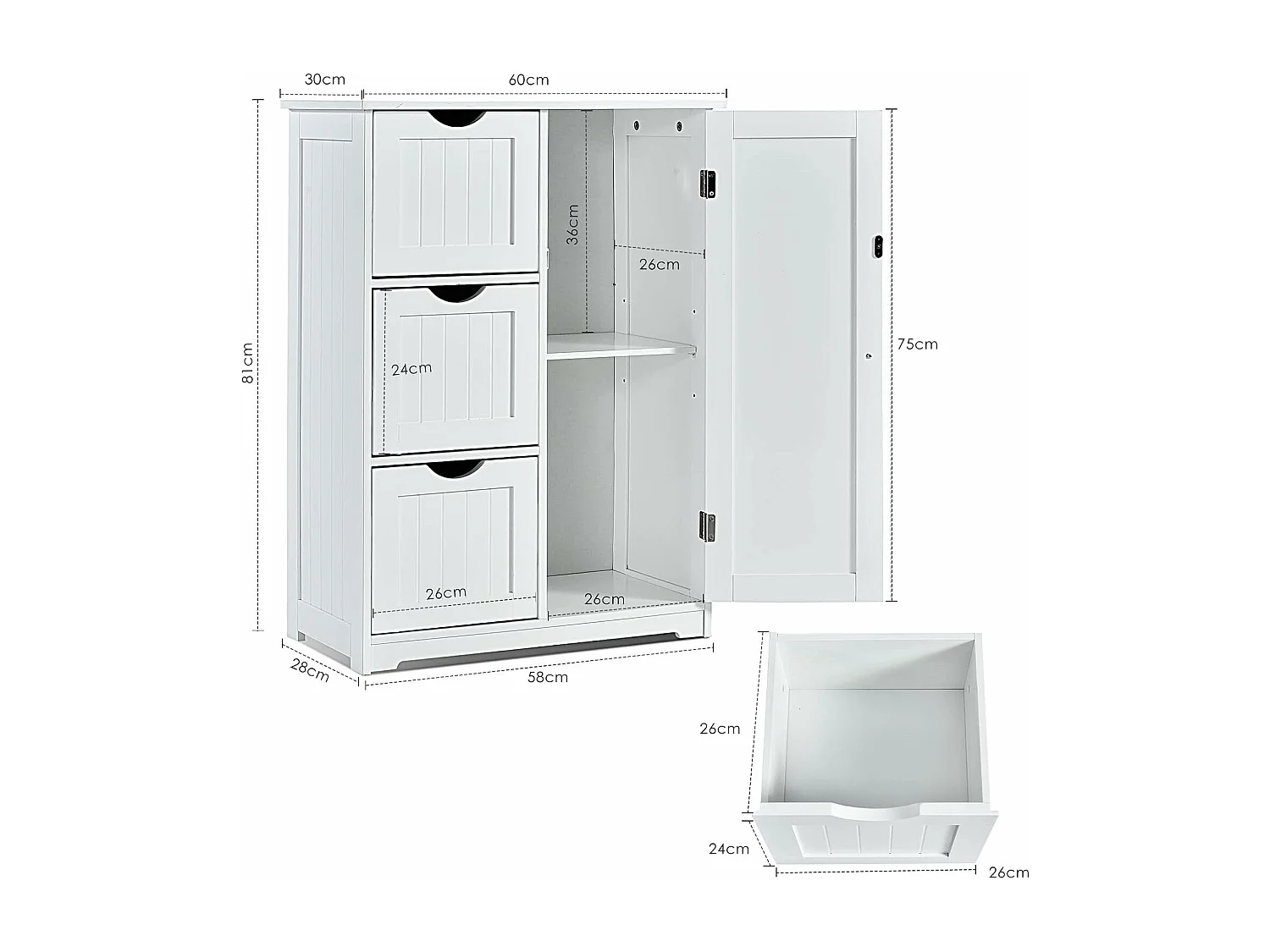 Meuble de Salle de Bain avec 3 Tiroirs, 1 Placard, Rangement Salle de Bain Étagère Réglable pour Salon, Chambre, Entrée, 58x28x81cm(3 Tiroirs - Blanc)