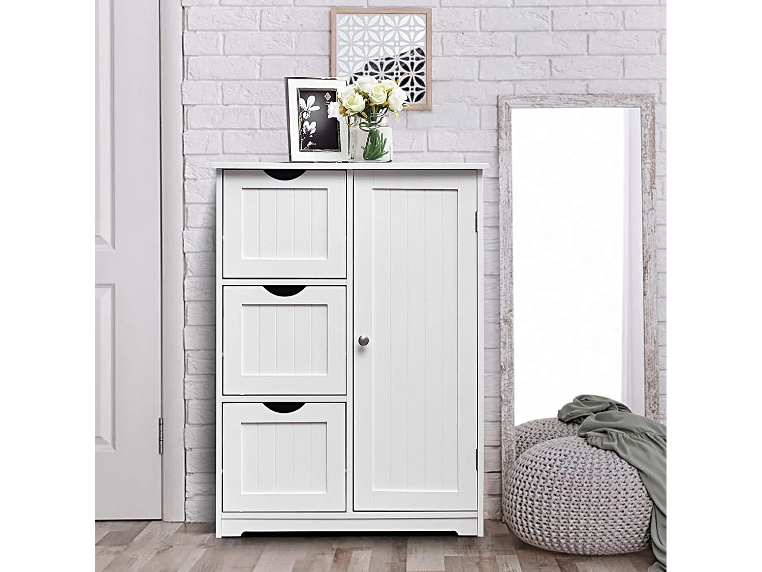 Meuble de Salle de Bain avec 3 Tiroirs, 1 Placard, Rangement Salle de Bain Étagère Réglable pour Salon, Chambre, Entrée, 58x28x81cm(3 Tiroirs - Blanc)