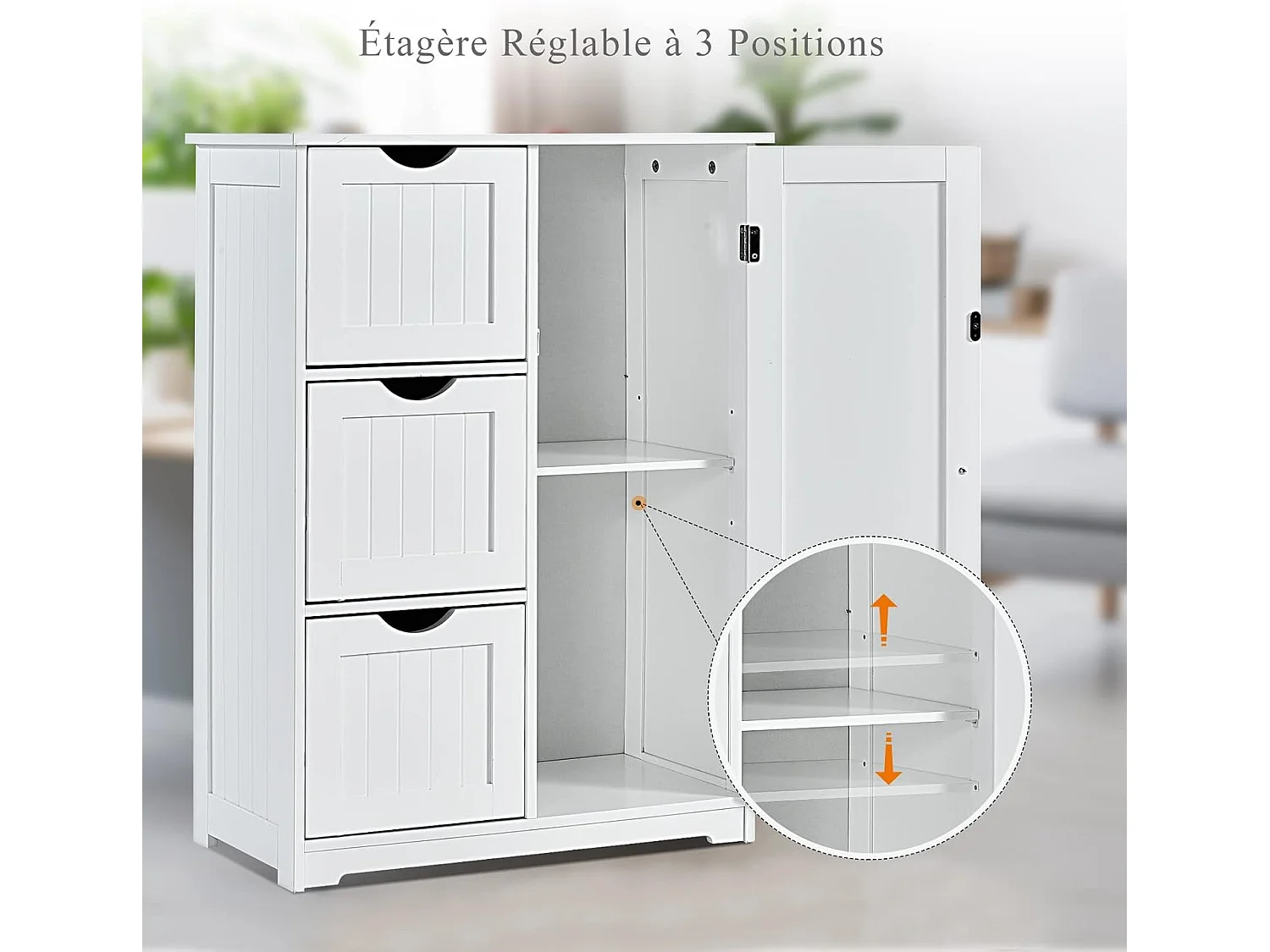 Meuble de Salle de Bain avec 3 Tiroirs, 1 Placard, Rangement Salle de Bain Étagère Réglable pour Salon, Chambre, Entrée, 58x28x81cm(3 Tiroirs - Blanc)