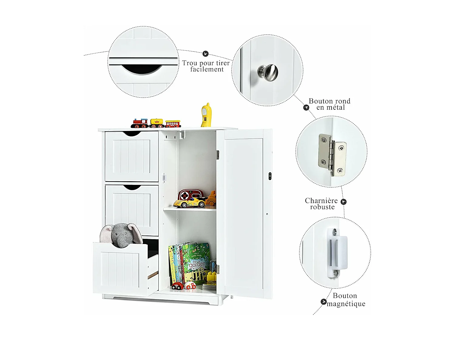 Meuble de Salle de Bain avec 3 Tiroirs, 1 Placard, Rangement Salle de Bain Étagère Réglable pour Salon, Chambre, Entrée, 58x28x81cm(3 Tiroirs - Blanc)
