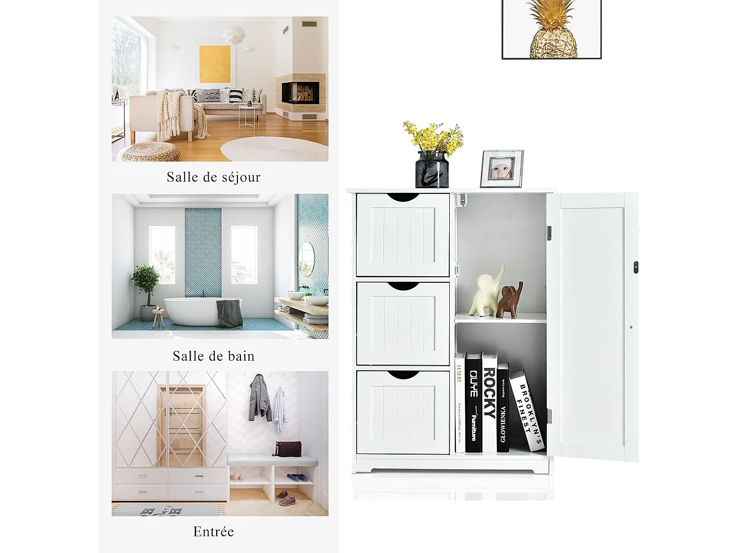 Meuble de Salle de Bain avec 3 Tiroirs, 1 Placard, Rangement Salle de Bain Étagère Réglable pour Salon, Chambre, Entrée, 58x28x81cm(3 Tiroirs - Blanc)