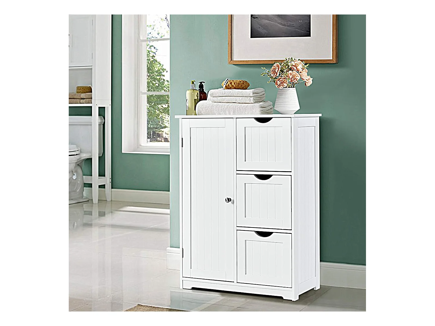 Meuble de Salle de Bain avec 3 Tiroirs, 1 Placard, Rangement Salle de Bain Étagère Réglable pour Salon, Chambre, Entrée, 58x28x81cm(3 Tiroirs - Blanc)