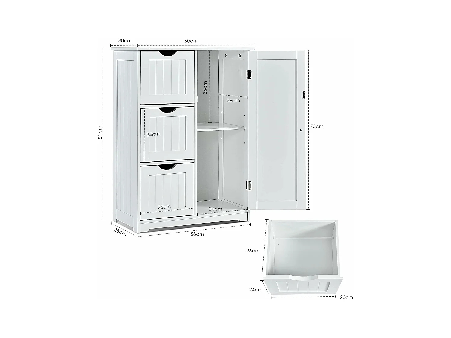 Meuble de Salle de Bain avec 3 Tiroirs, 1 Placard, Rangement Salle de Bain Étagère Réglable pour Salon, Chambre, Entrée, 58x28x81cm(3 Tiroirs - Blanc)